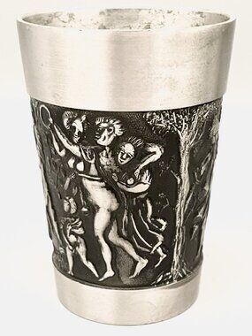 Vintage German Pewter Wine Tumbler High Relief Roman God of Wine Rubens 1618